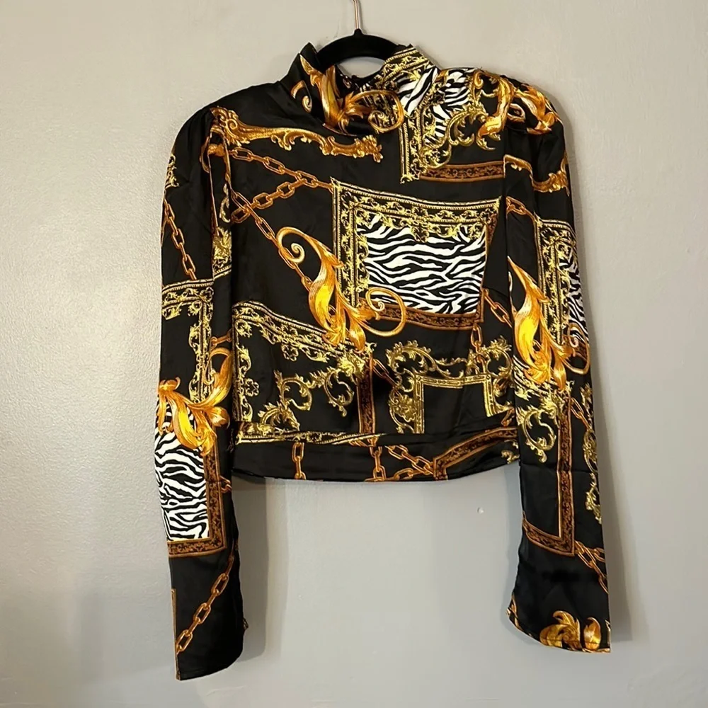 Guess silk cropped blouse with animal print and gold chain detail size small